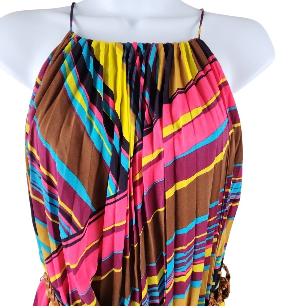 NWT Calvin Klein Halter Dress Sz 14 Pleated Brasil Collection Striped Tropical